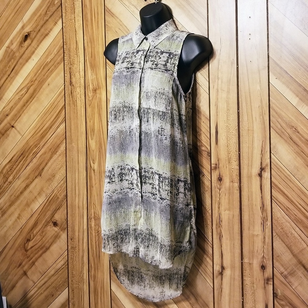 LUSH Sheer Long Button Down Tunic Blouse hi-low
